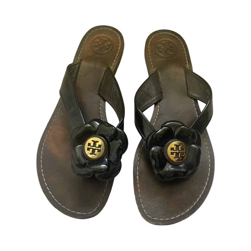 Tory Burch Black Floral Sandals with Gold Emblem size 8